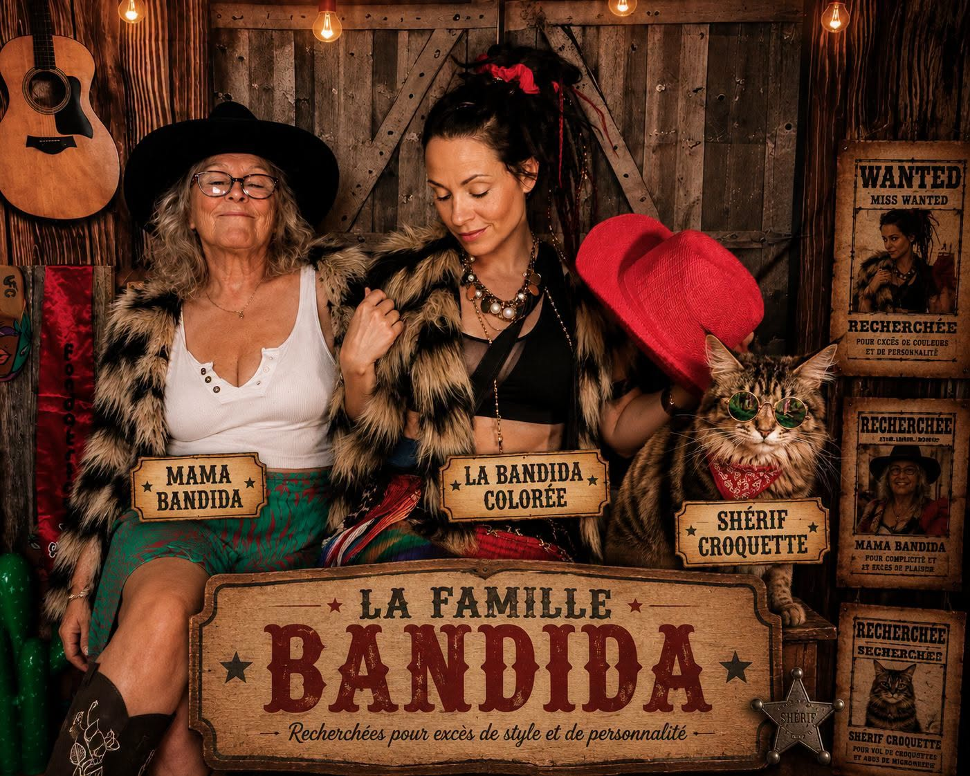 La famille Bandida dans un décor Western : Mama Bandida, La Bandida Colorée et Shérif Croquette