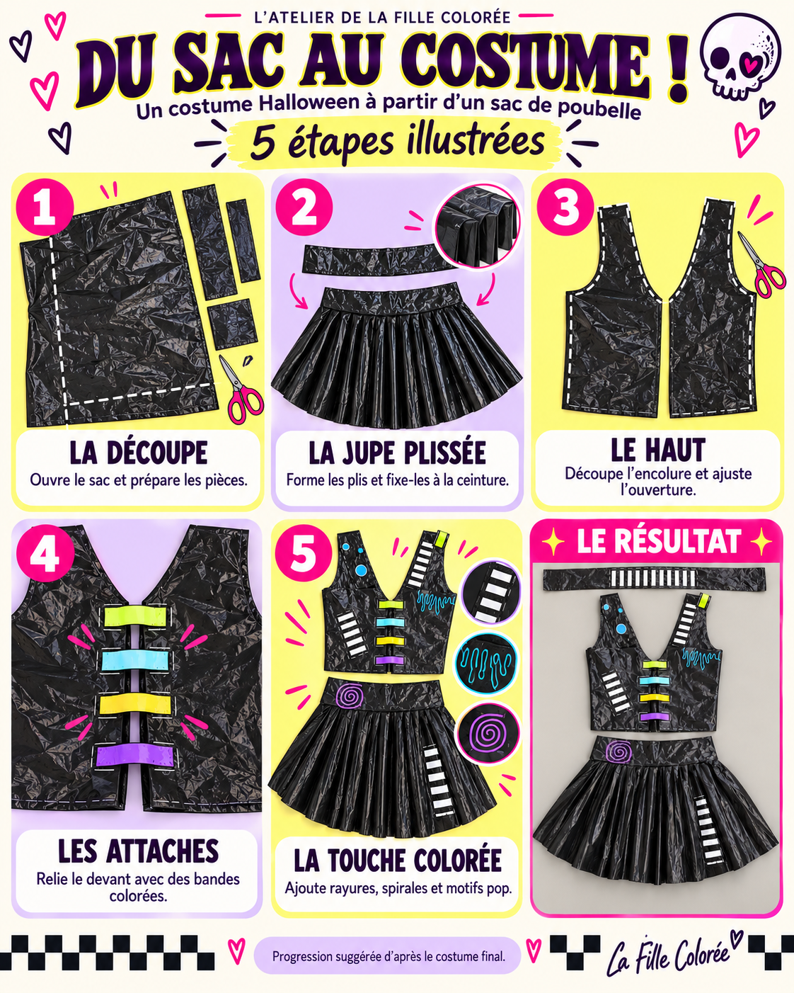 Fiche illustrée de Du sac au costume! en cinq étapes