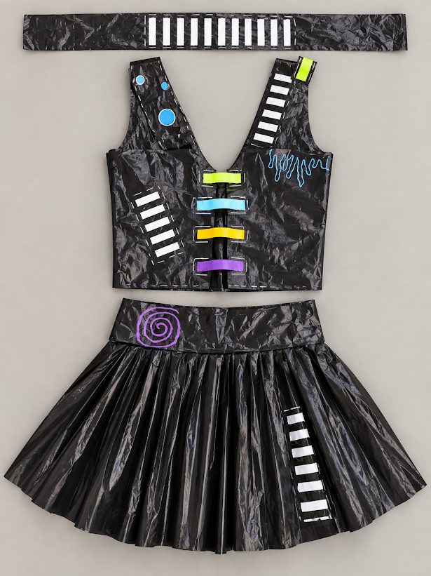 Costume en plastique noir : haut à attaches fluo, jupe plissée et bandeau décorés de rayures et de spirales.